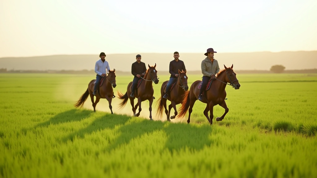 مجموعة من الفرسان يركبون الخيل عبر حقول خضراء في منطقة الفيوم